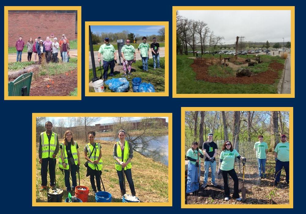 Five images in a gallery framed with gold on a navy blue background. These images include different groups of 全球赌博十大网站 students in nature with shovels, pales, garbage bags, and rakes.